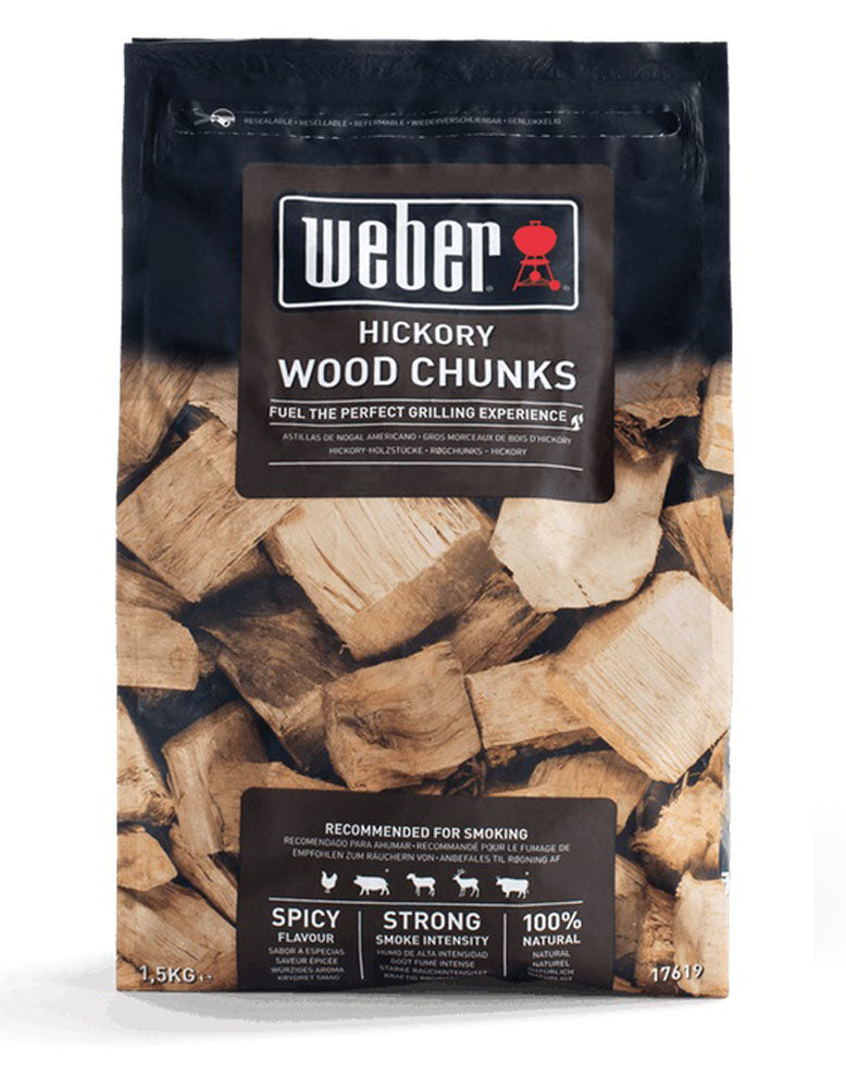 Pezzi grandi di legno per affumicatura HICKORY WOOD CHUNKS - Weber 1,5 KG.